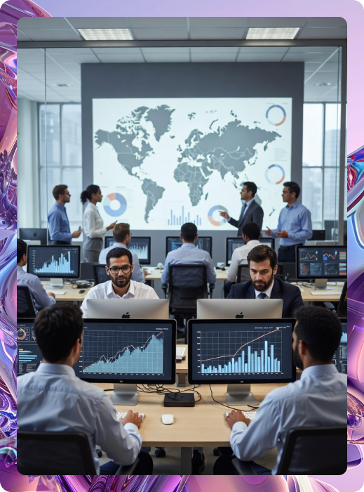 Team reviewing global analytics dashboard